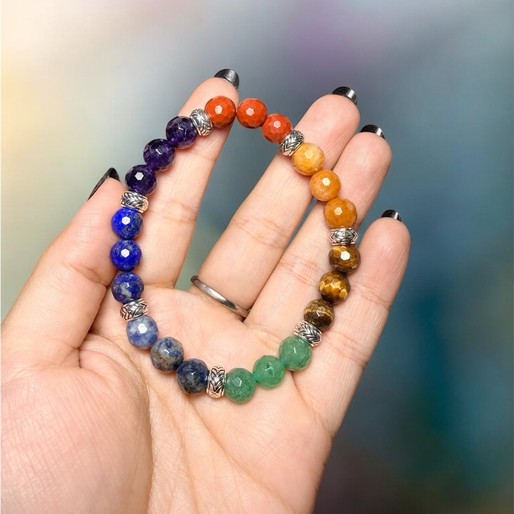 7 Chakra Gemstone Bracelet | Faceted Beads | Stretch Bracelet | Colorful Stack